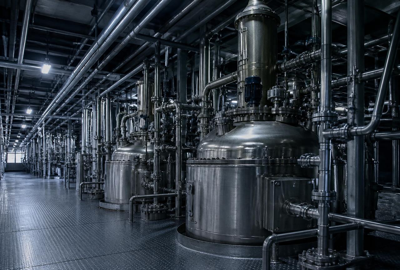 Industrieanlage mit Edelstahl-Reaktoren zur synthetischen Menthol-Herstellung